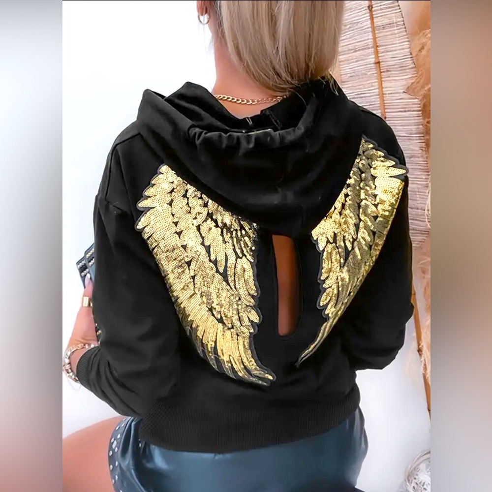 Angel Wings Pattern Sequin Drawstring Hoodie